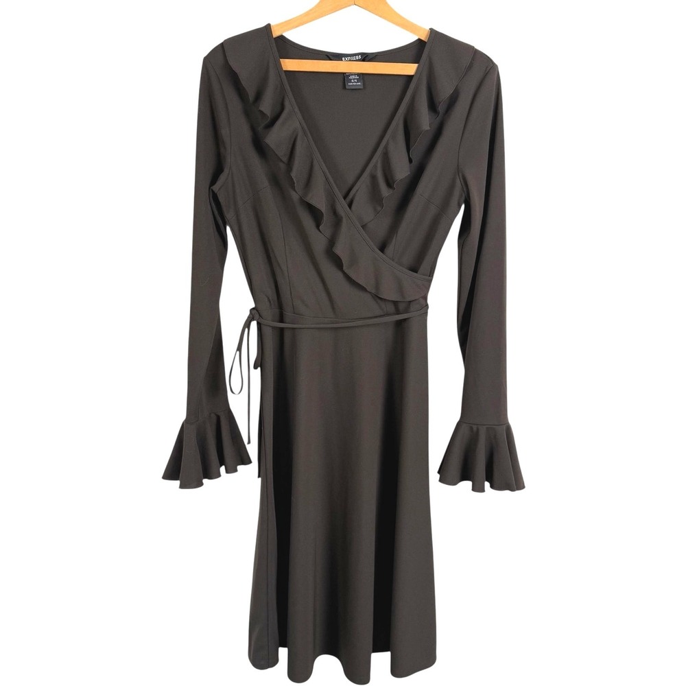 Express Ruffled Faux Wrap Dress Size 3/4 Flared Bell Sleeve Brown Cocktail Party